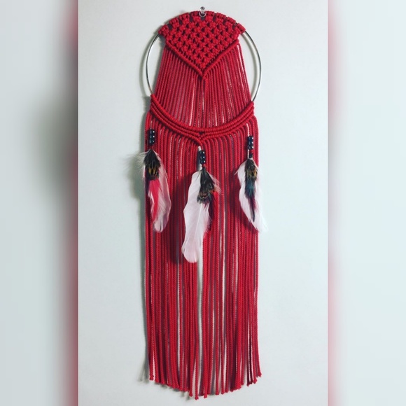 Red Macrame Dream Catcher Wall Decor with Feathers - Picture 1 of 4
